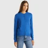 Air force blue crew neck cardigan in pure Merino wool
