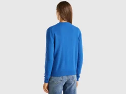 Air force blue crew neck cardigan in pure Merino wool