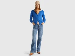 Air force blue crew neck cardigan in pure Merino wool