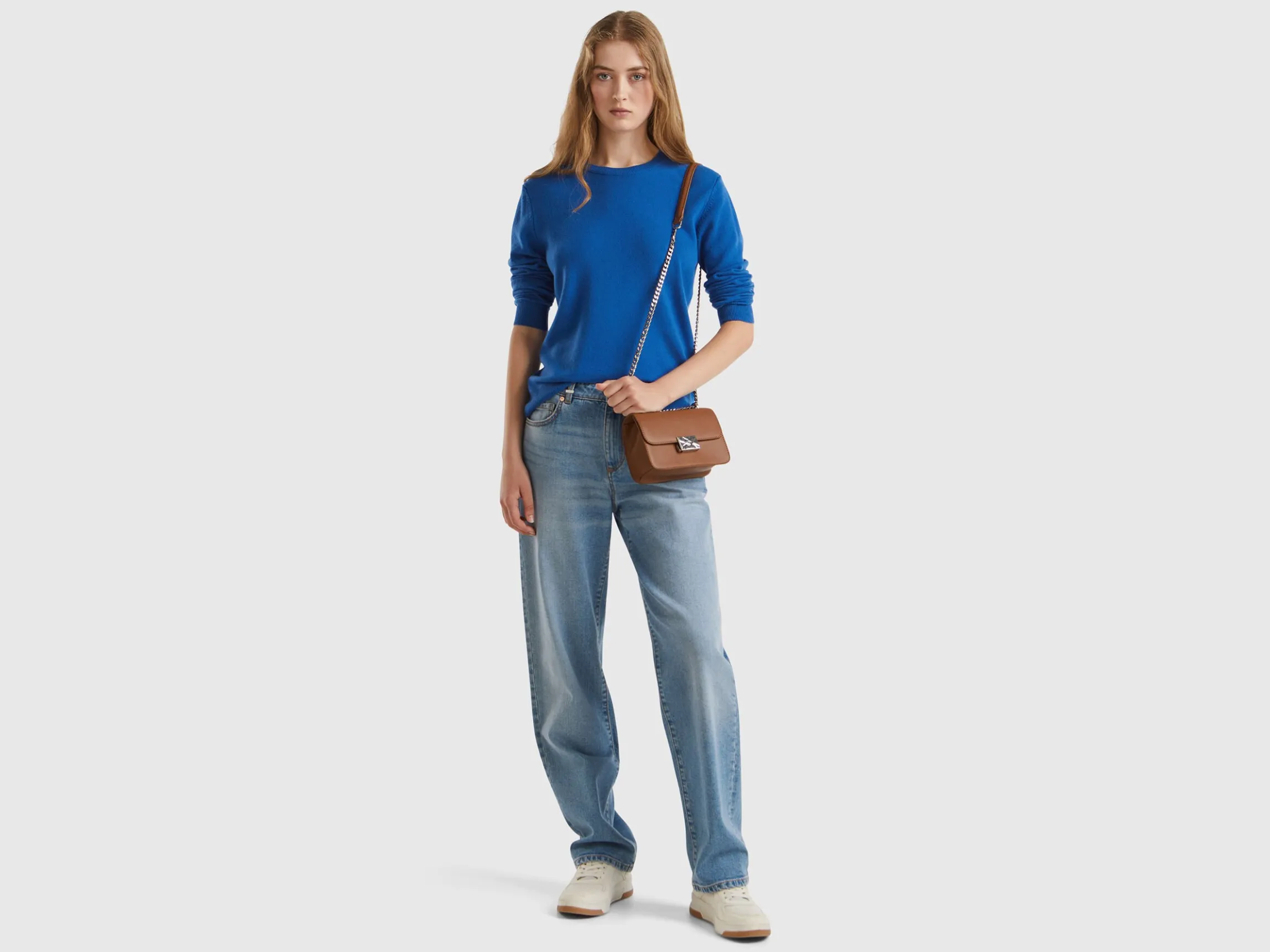 Air force blue crew neck sweater in pure Merino wool