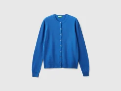 Air force blue crew neck cardigan in pure Merino wool