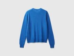 Air force blue crew neck cardigan in pure Merino wool