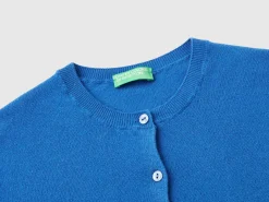 Air force blue crew neck cardigan in pure Merino wool
