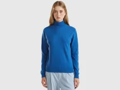 Air force blue turtleneck in pure Merino wool