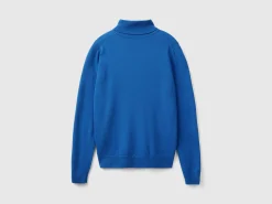 Air force blue turtleneck in pure Merino wool