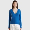 Air force blue V-neck sweater in pure Merino wool
