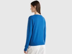 Air force blue V-neck sweater in pure Merino wool