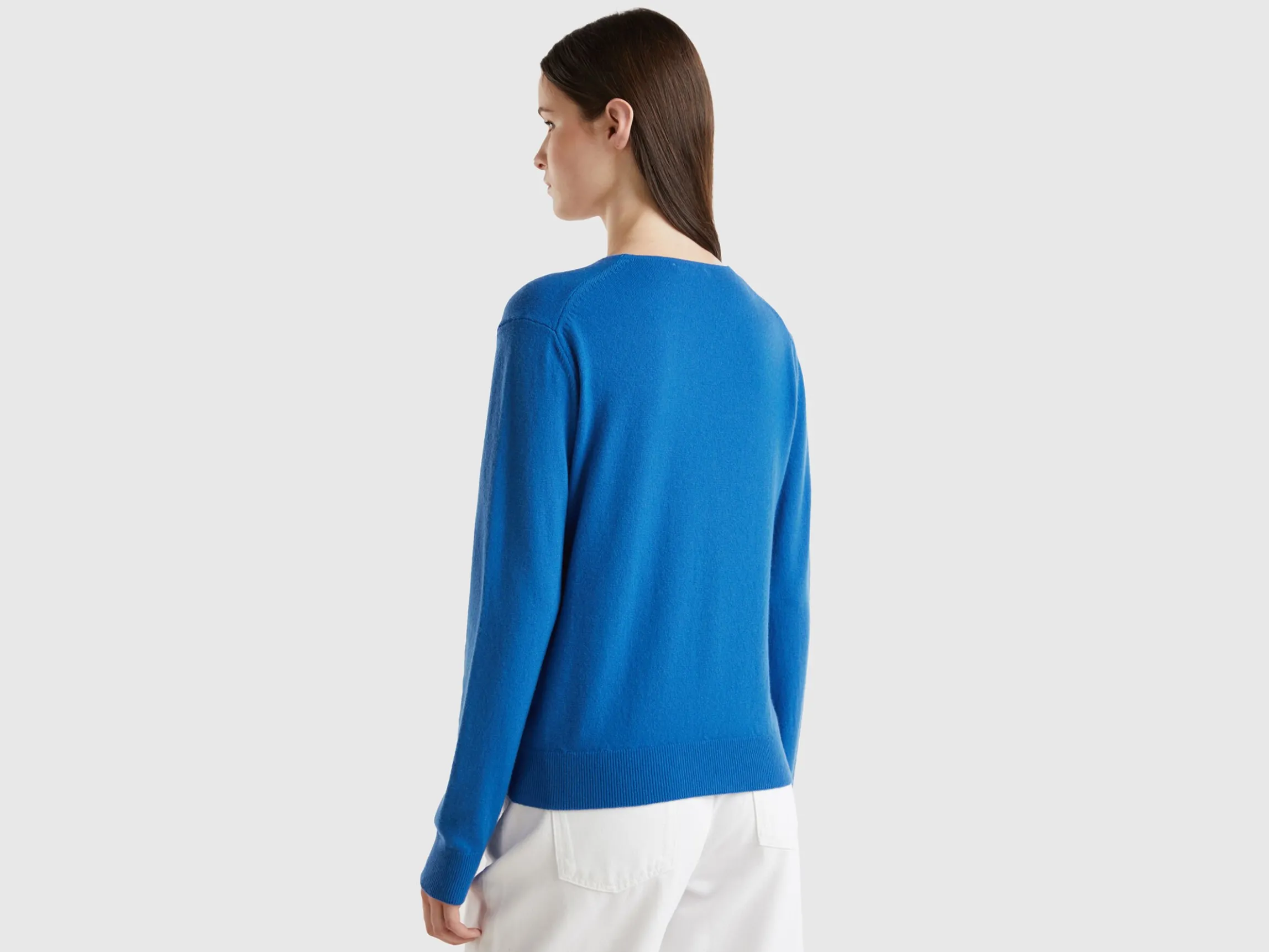 Air force blue V-neck sweater in pure Merino wool