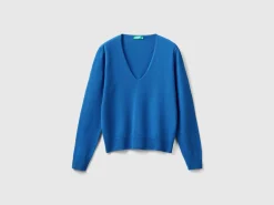 Air force blue V-neck sweater in pure Merino wool