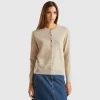 Beige crew neck cardigan in pure Merino wool
