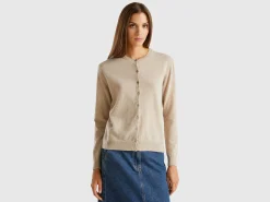 Beige crew neck cardigan in pure Merino wool