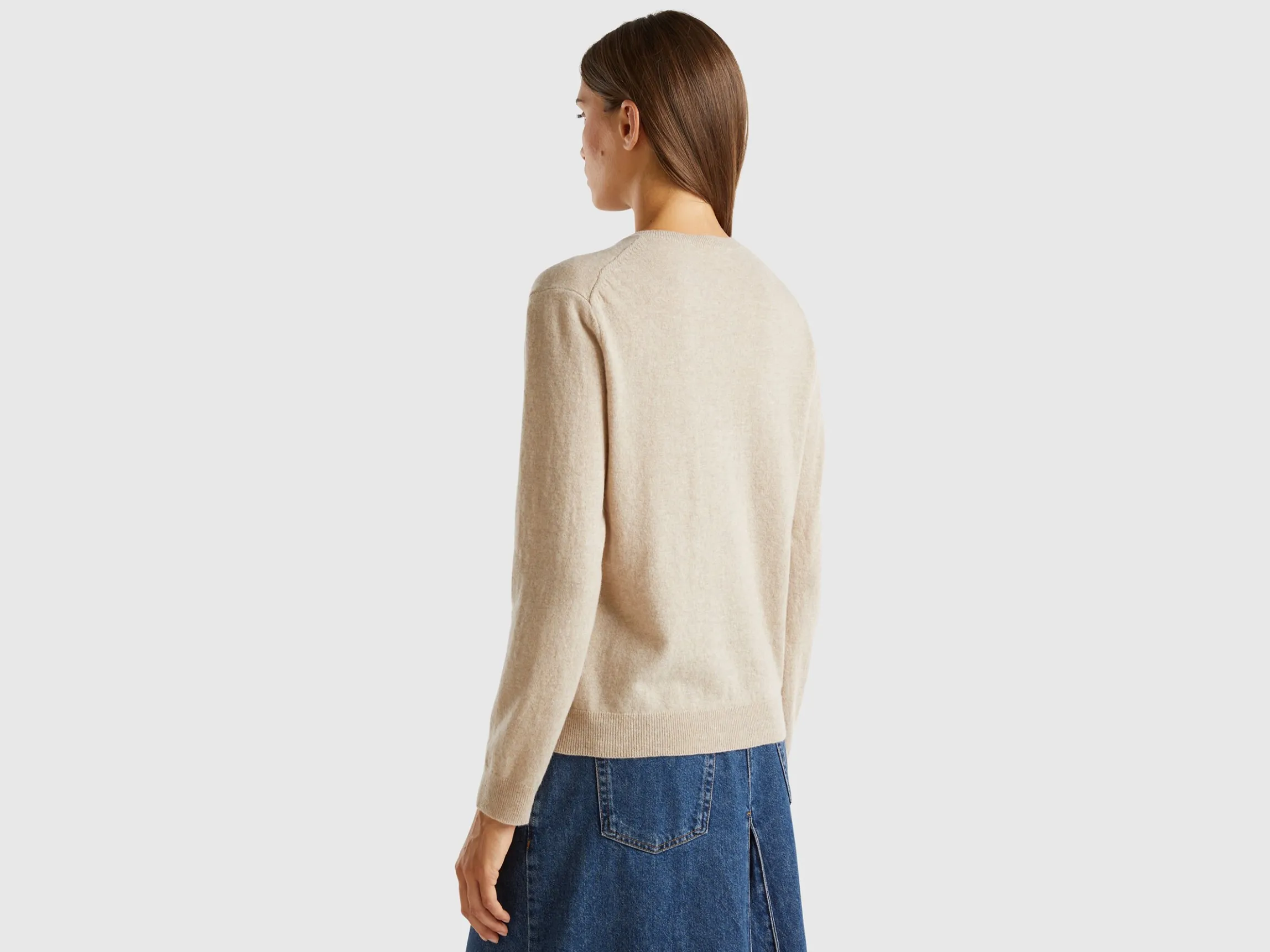 Beige crew neck cardigan in pure Merino wool