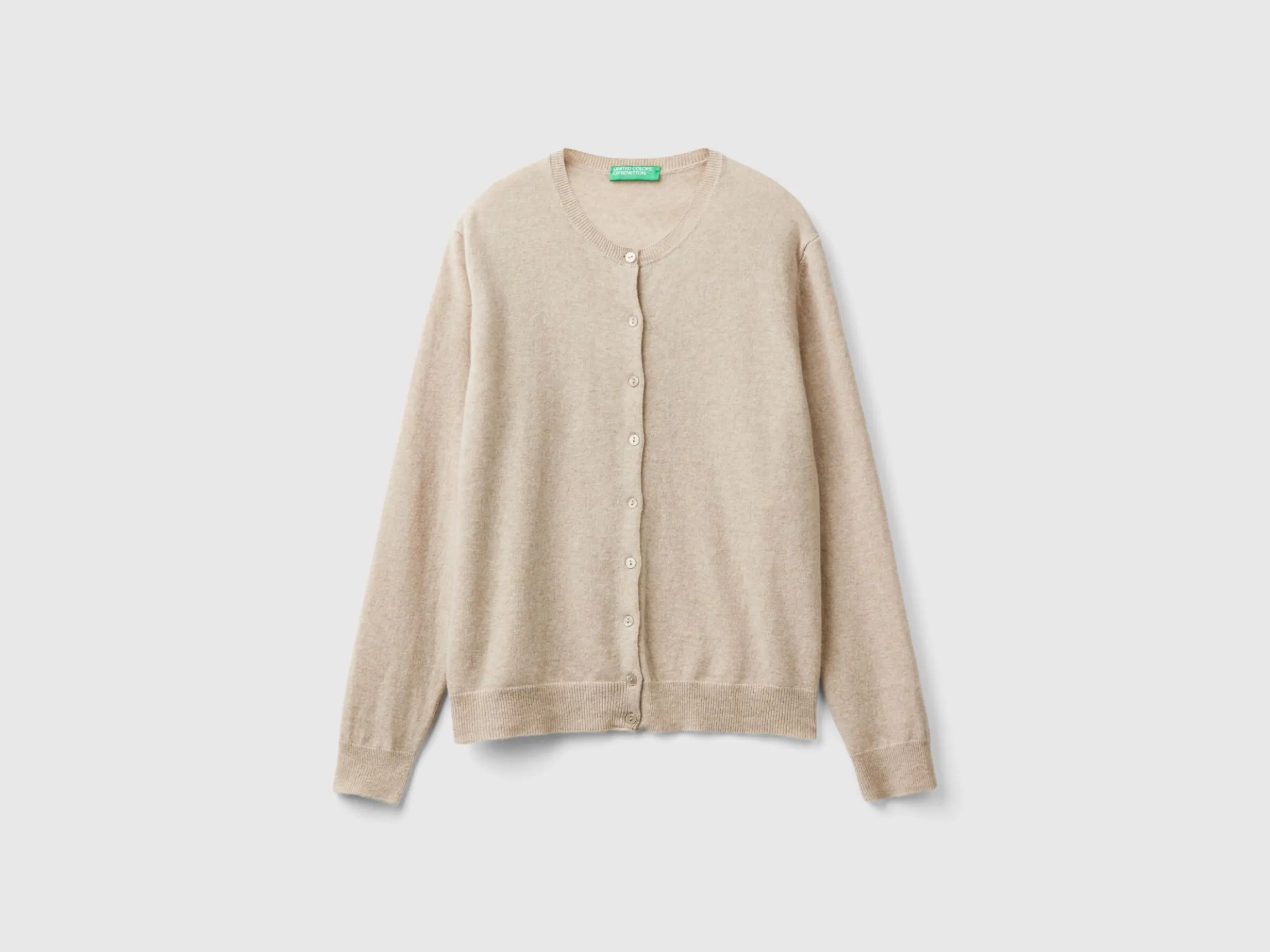 Beige crew neck cardigan in pure Merino wool