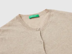 Beige crew neck cardigan in pure Merino wool