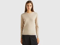 Beige crew neck sweater in pure Merino wool