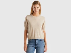 Beige short sleeve sweater in pure Merino wool