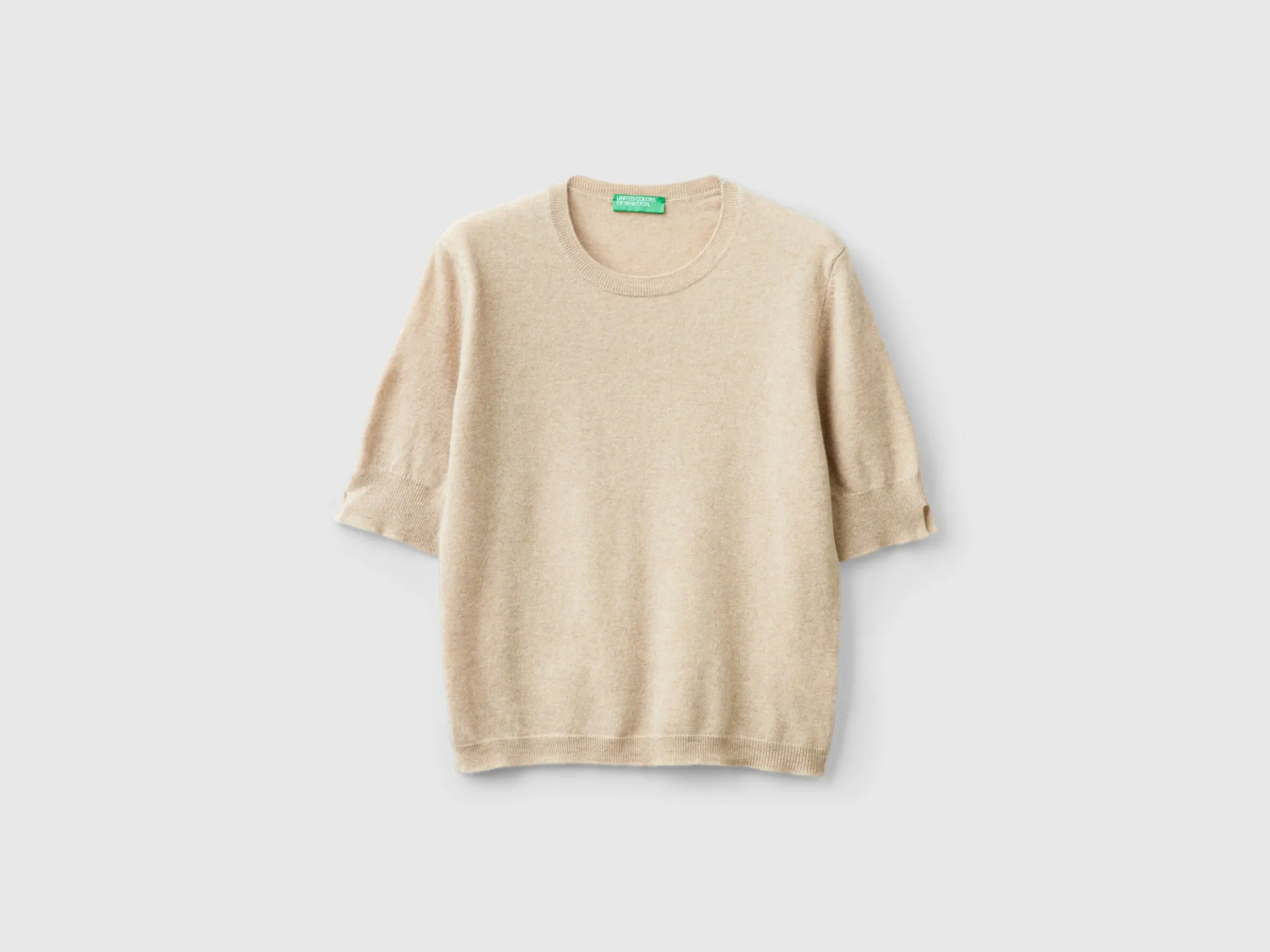 Beige short sleeve sweater in pure Merino wool
