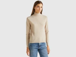 Beige turtleneck sweater in pure Merino wool
