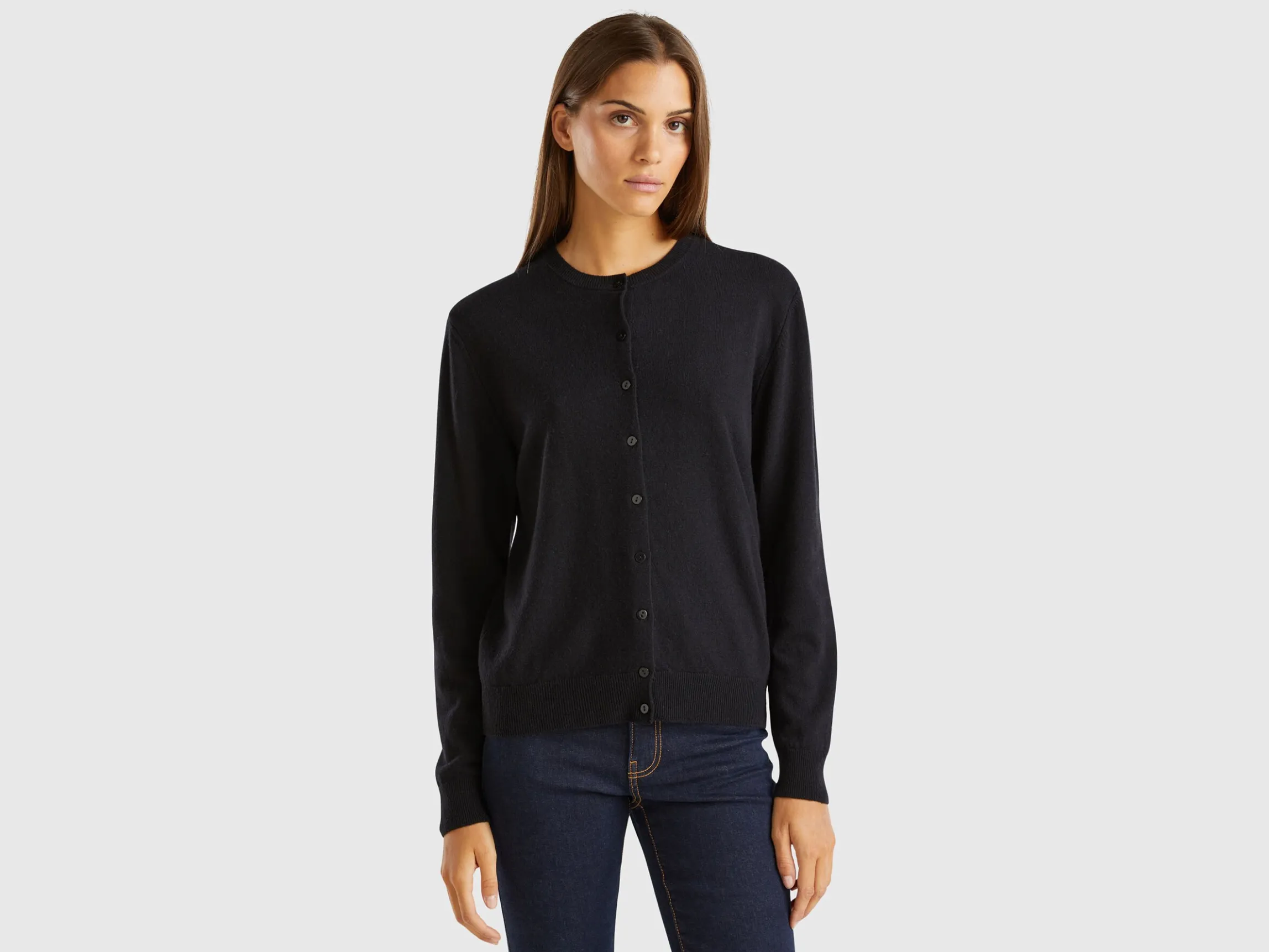Black crew neck cardigan in pure Merino wool