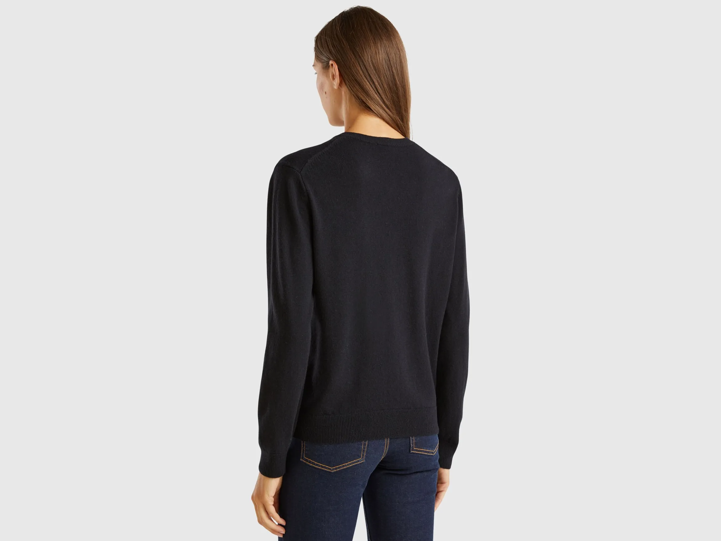 Black crew neck cardigan in pure Merino wool
