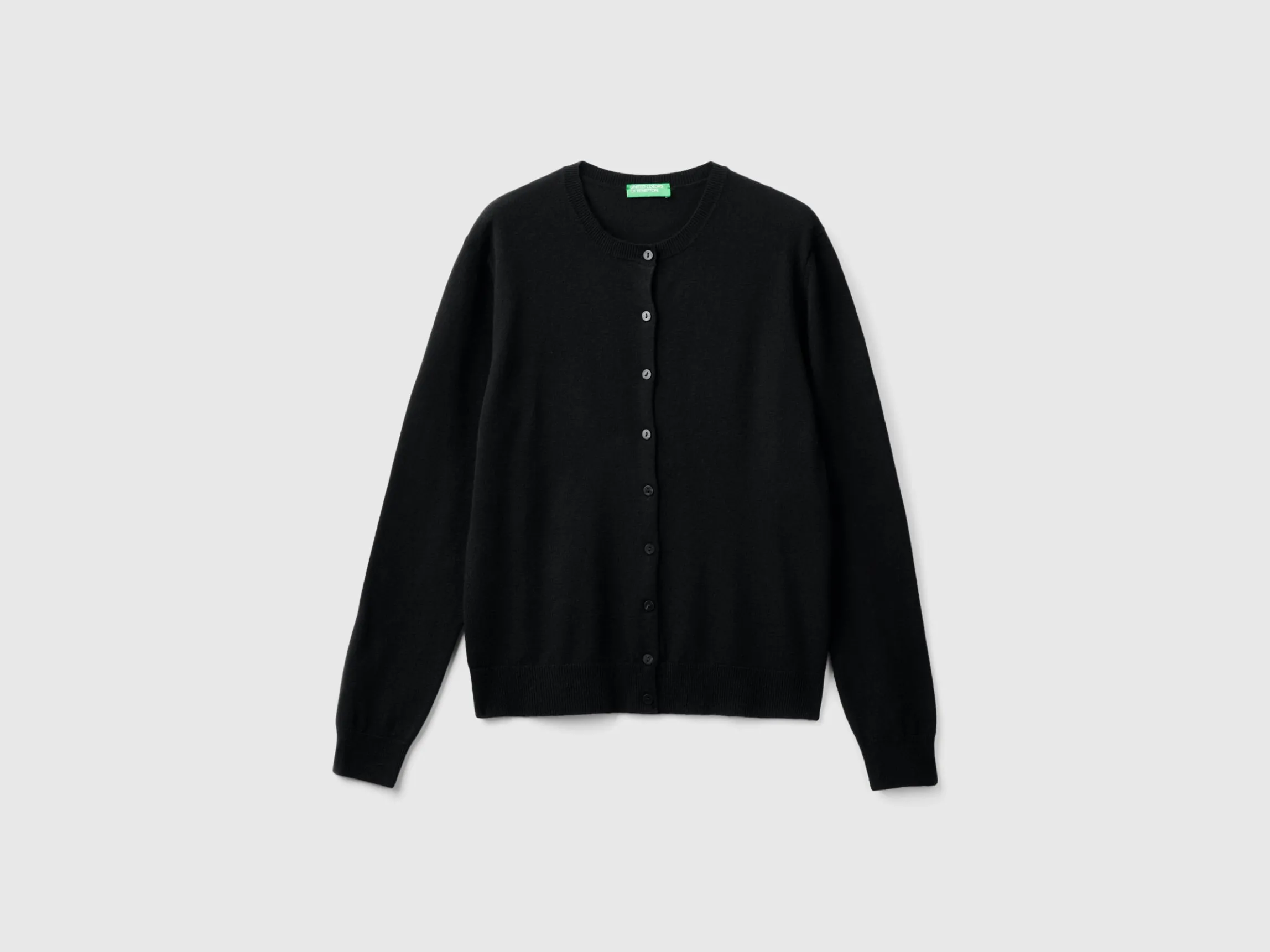 Black crew neck cardigan in pure Merino wool