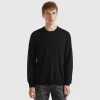 Black crew neck sweater in pure Merino wool