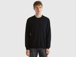 Black crew neck sweater in pure Merino wool