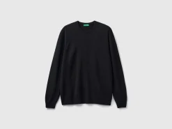 Black crew neck sweater in pure Merino wool