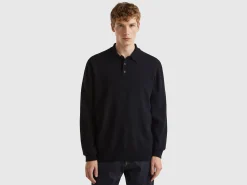 Black polo in pure Merino wool