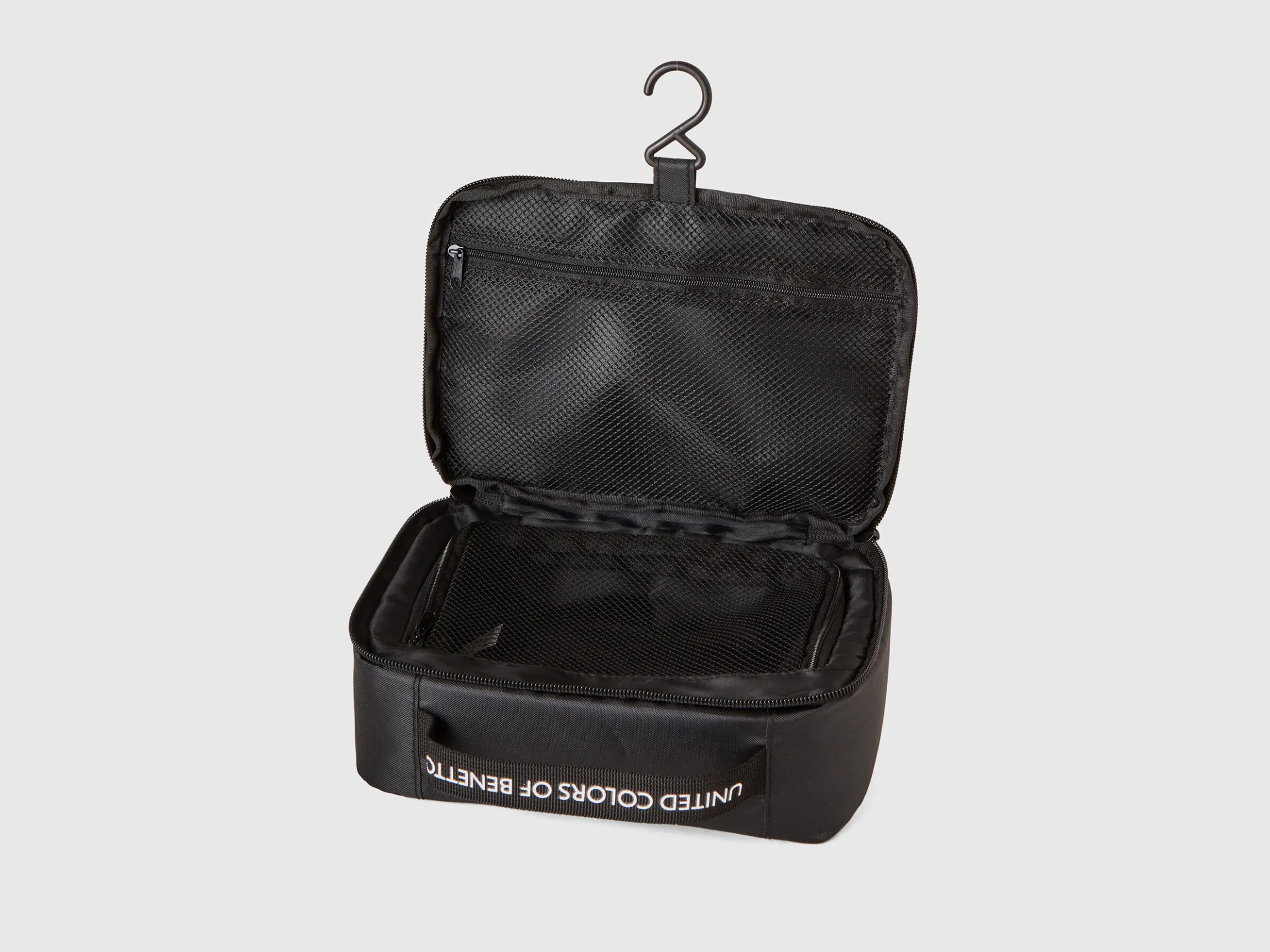 Black travel toiletry bag with hook