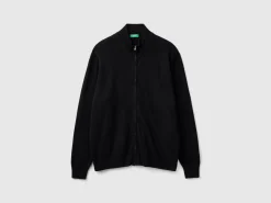Black zip-up cardigan in pure Merino wool