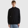 Black zip-up sweater in 100% Merino wool