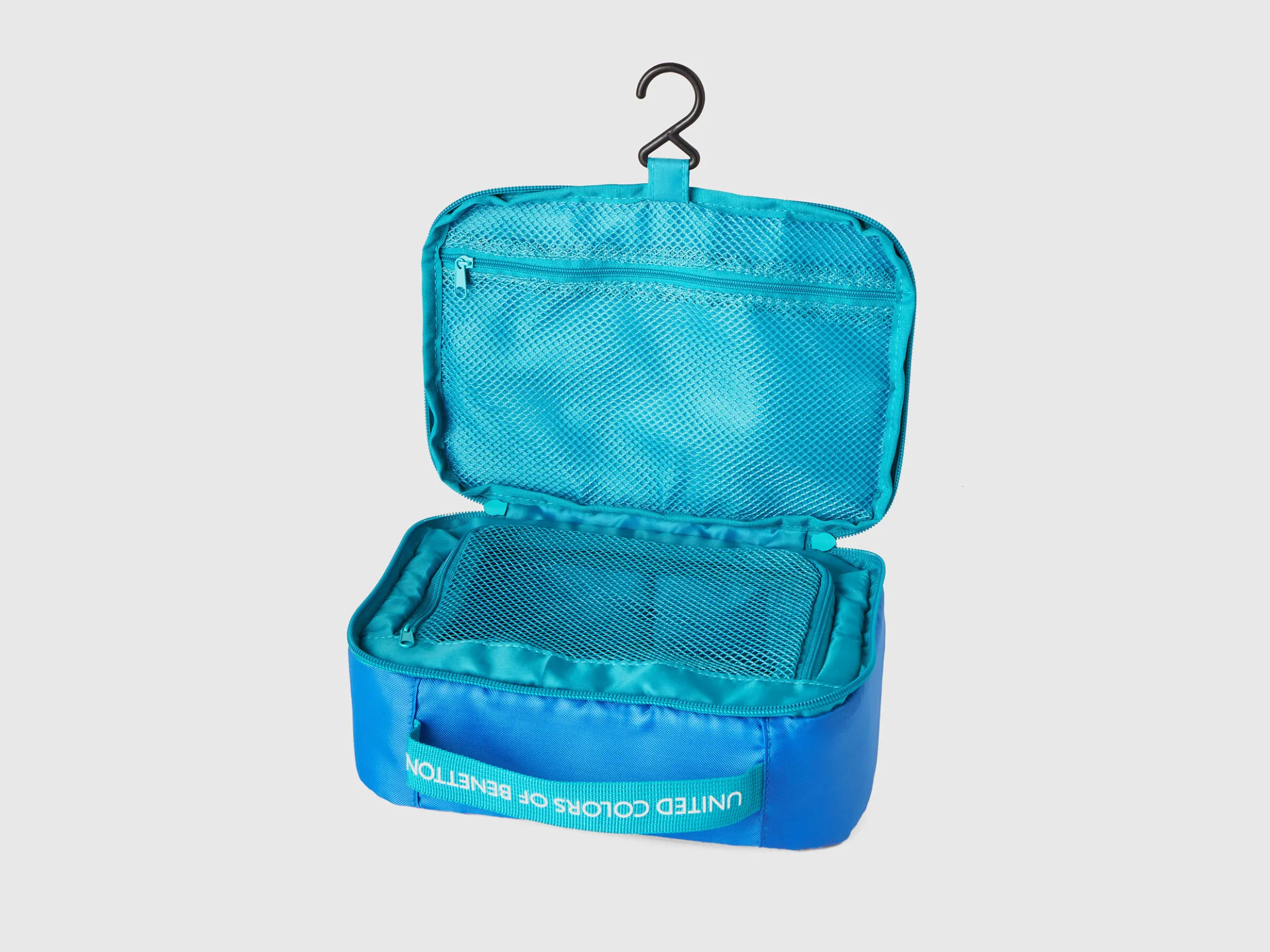 Blue travel toiletry bag with hook
