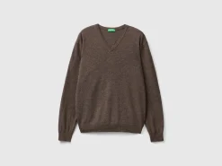 Brown V-neck sweater in pure Merino wool