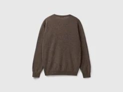 Brown V-neck sweater in pure Merino wool