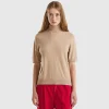 Camel short sleeve turtleneck in cashmere blend