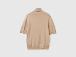 Camel short sleeve turtleneck in cashmere blend
