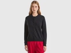 Charcoal gray crew neck cardigan in pure Merino wool