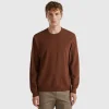 Coffee crew neck sweater in pure Merino wool