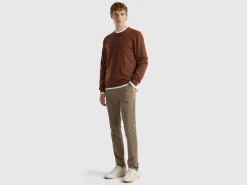 Coffee crew neck sweater in pure Merino wool