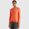 Coral red crew neck sweater in pure Merino wool