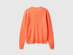 Coral red crew neck sweater in pure Merino wool