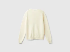 Cream crew neck cardigan in pure Merino wool