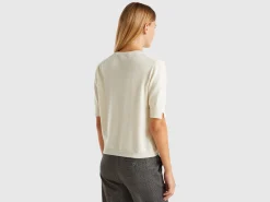 Cream short sleeve sweater in pure Merino wool