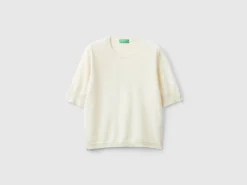 Cream short sleeve sweater in pure Merino wool