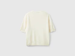 Cream short sleeve sweater in pure Merino wool