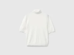 Cream white short sleeve turtleneck in cashmere blend