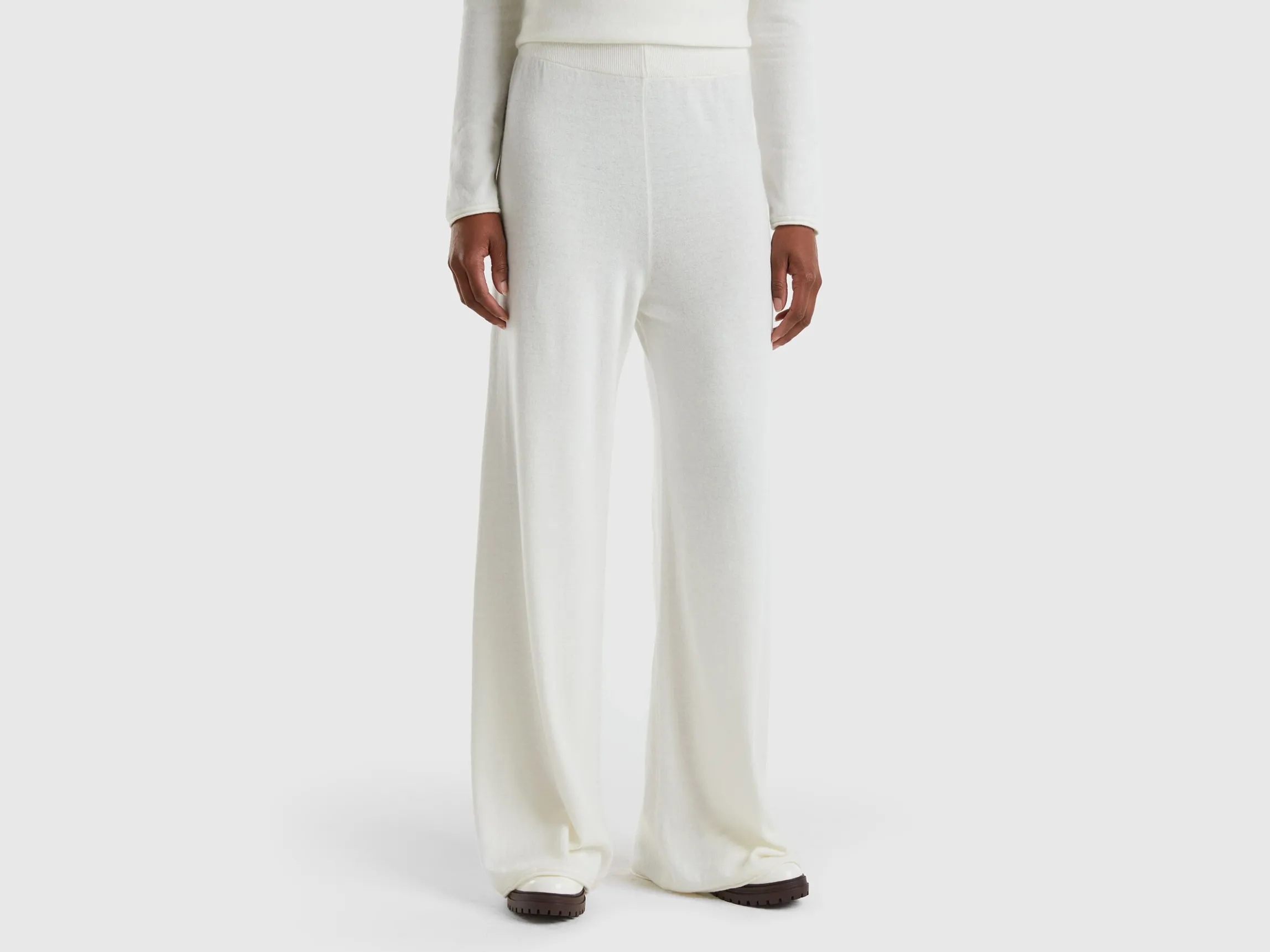 Cream white wide trousers in cashmere and wool blend