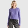 Cropped sweater with cable knit and perforations