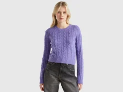 Cropped sweater with cable knit and perforations